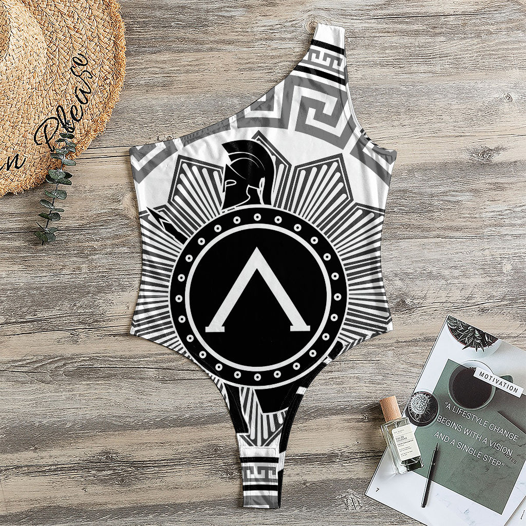 Black And White Spartan Warrior Print One Shoulder Bodysuit