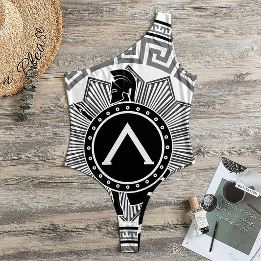 Black And White Spartan Warrior Print One Shoulder Bodysuit
