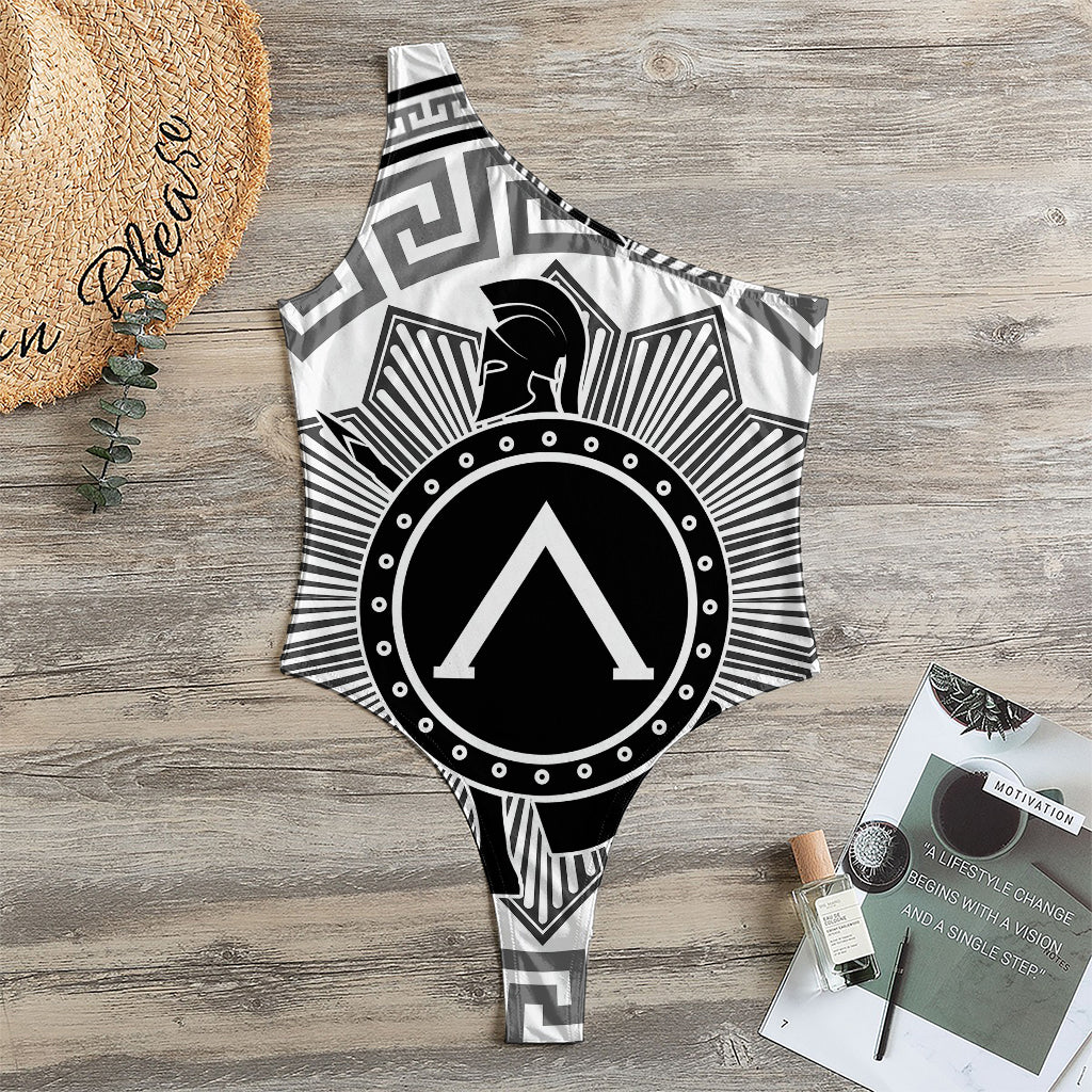 Black And White Spartan Warrior Print One Shoulder Bodysuit