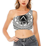 Black And White Spartan Warrior Print One Shoulder Crop Top