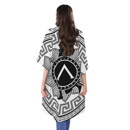 Black And White Spartan Warrior Print Open Front Beach Cover Up