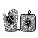 Black And White Spartan Warrior Print Oven Mitt And Pot Holder Set