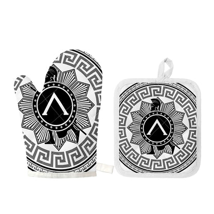 Black And White Spartan Warrior Print Oven Mitt And Pot Holder Set