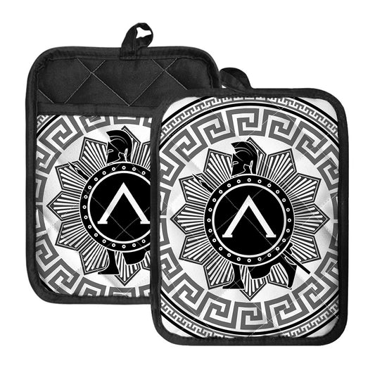 Black And White Spartan Warrior Print Pot Holders With Pocket