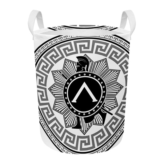 Black And White Spartan Warrior Print Round Laundry Basket