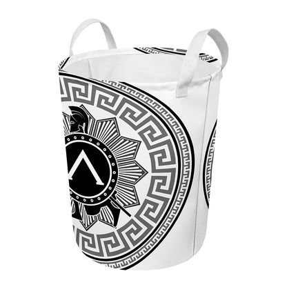 Black And White Spartan Warrior Print Round Laundry Basket