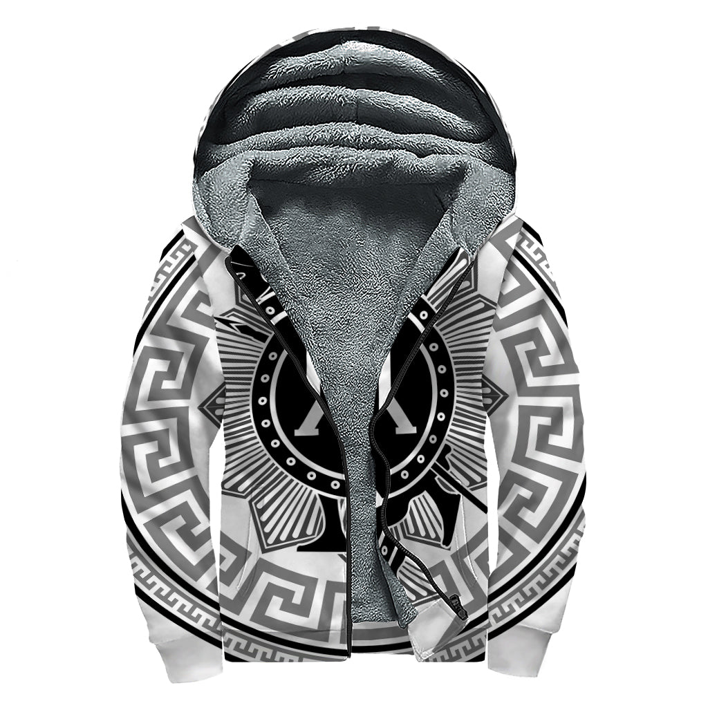 Black And White Spartan Warrior Print Sherpa Lined Zip Up Hoodie