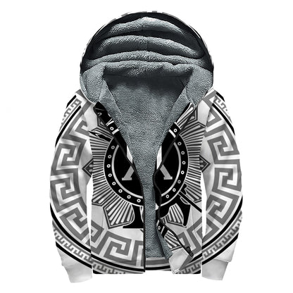 Black And White Spartan Warrior Print Sherpa Lined Zip Up Hoodie