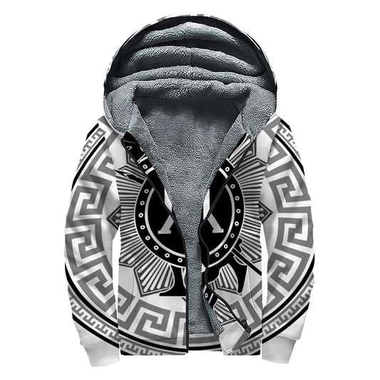 Black And White Spartan Warrior Print Sherpa Lined Zip Up Hoodie