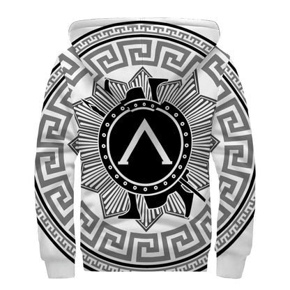Black And White Spartan Warrior Print Sherpa Lined Zip Up Hoodie