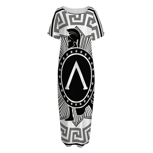Black And White Spartan Warrior Print Short Sleeve Long Nightdress