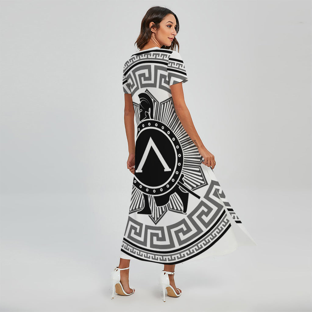 Black And White Spartan Warrior Print Short Sleeve Maxi Dress