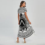 Black And White Spartan Warrior Print Short Sleeve Maxi Dress