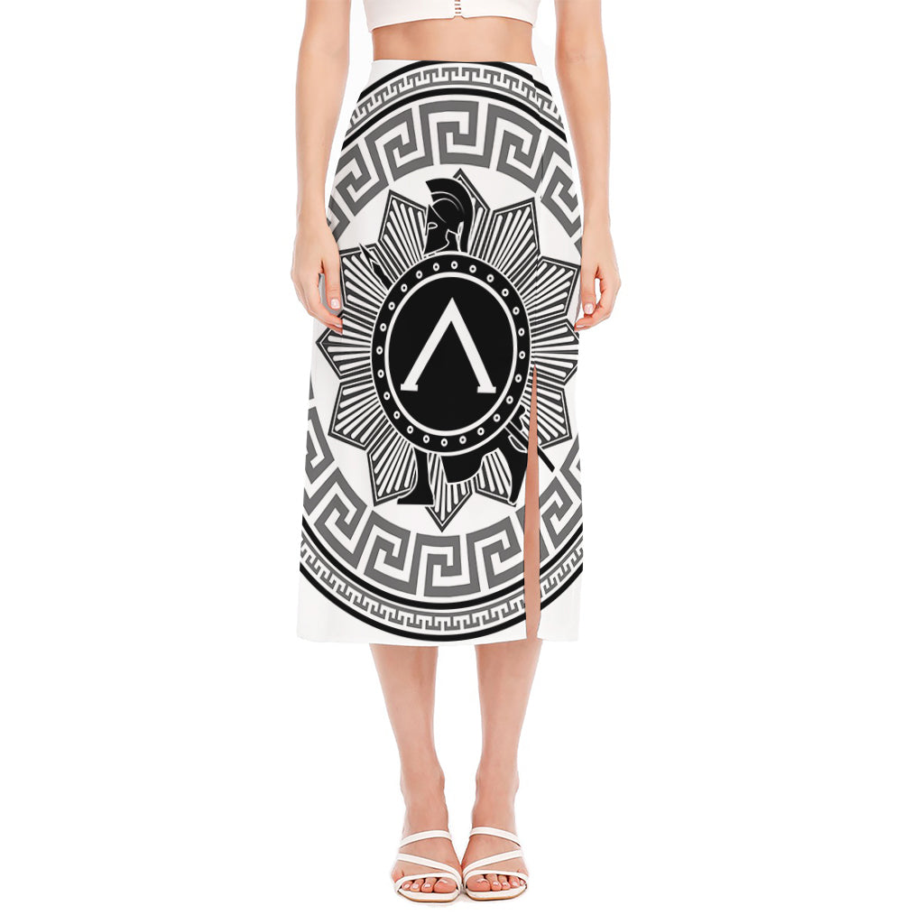 Black And White Spartan Warrior Print Side Slit Midi Skirt