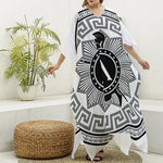 Black And White Spartan Warrior Print Silk V-Neck Kaftan Dress