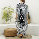 Black And White Spartan Warrior Print Silk V-Neck Kaftan Dress