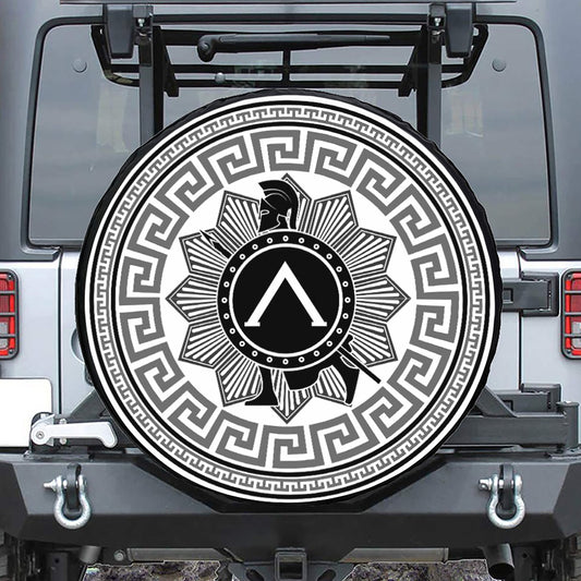 Black And White Spartan Warrior Print Tire Cover