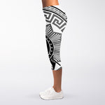Black And White Spartan Warrior Print Women's Capri Leggings