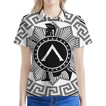 Black And White Spartan Warrior Print Women's Polo Shirt