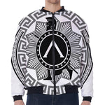 Black And White Spartan Warrior Print Zip Sleeve Bomber Jacket