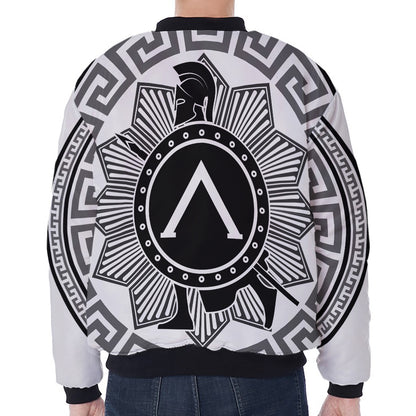 Black And White Spartan Warrior Print Zip Sleeve Bomber Jacket