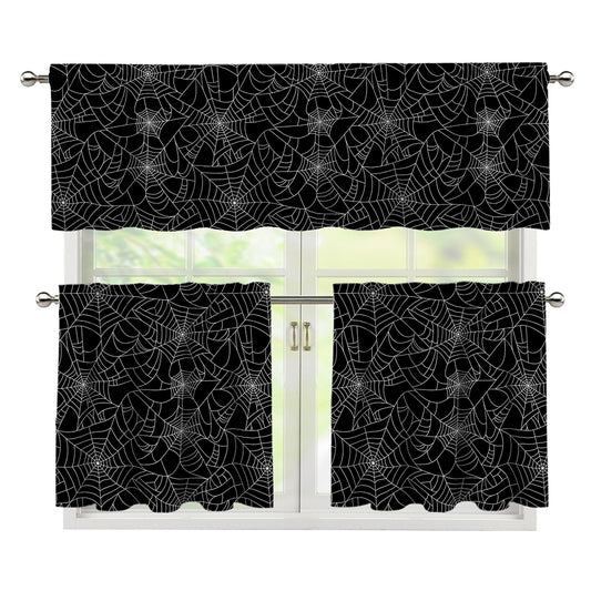 Black And White Spider Web Pattern Print 3 Piece Kitchen Curtains