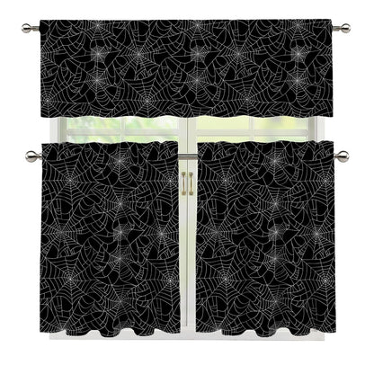 Black And White Spider Web Pattern Print 3 Piece Kitchen Curtains