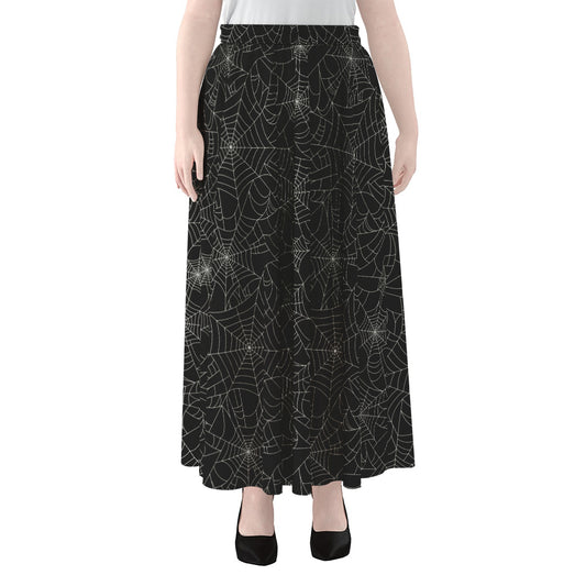Black And White Spider Web Pattern Print Chiffon Maxi Skirt