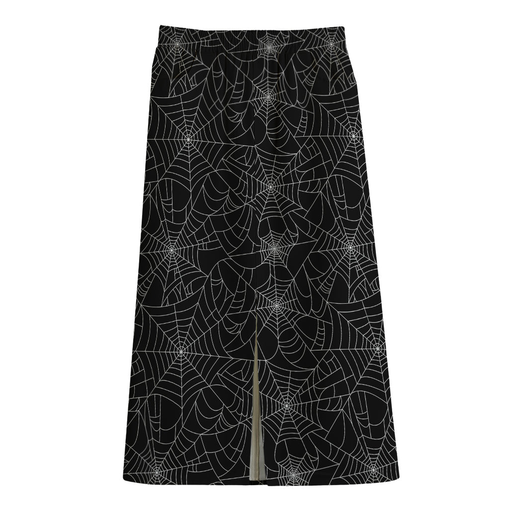Black And White Spider Web Pattern Print Cotton Front Slit Maxi Skirt