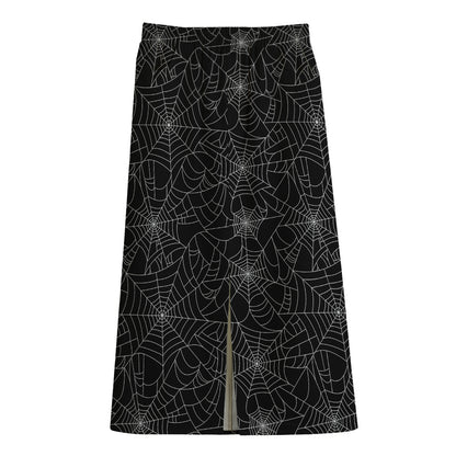 Black And White Spider Web Pattern Print Cotton Front Slit Maxi Skirt