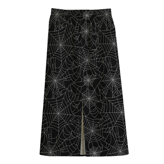 Black And White Spider Web Pattern Print Cotton Front Slit Maxi Skirt