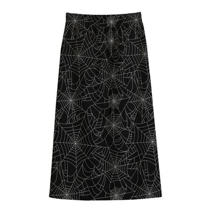 Black And White Spider Web Pattern Print Cotton Front Slit Maxi Skirt