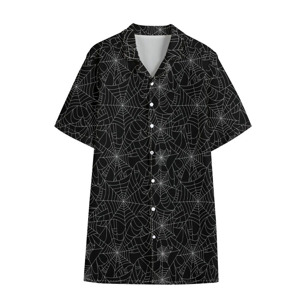 Black And White Spider Web Pattern Print Cotton Hawaiian Shirt