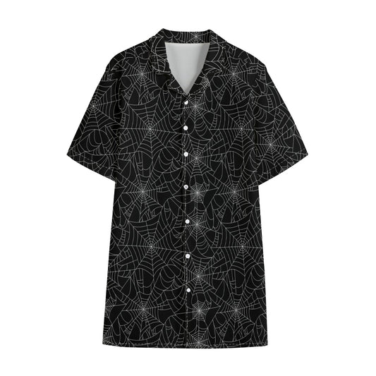 Black And White Spider Web Pattern Print Cotton Hawaiian Shirt