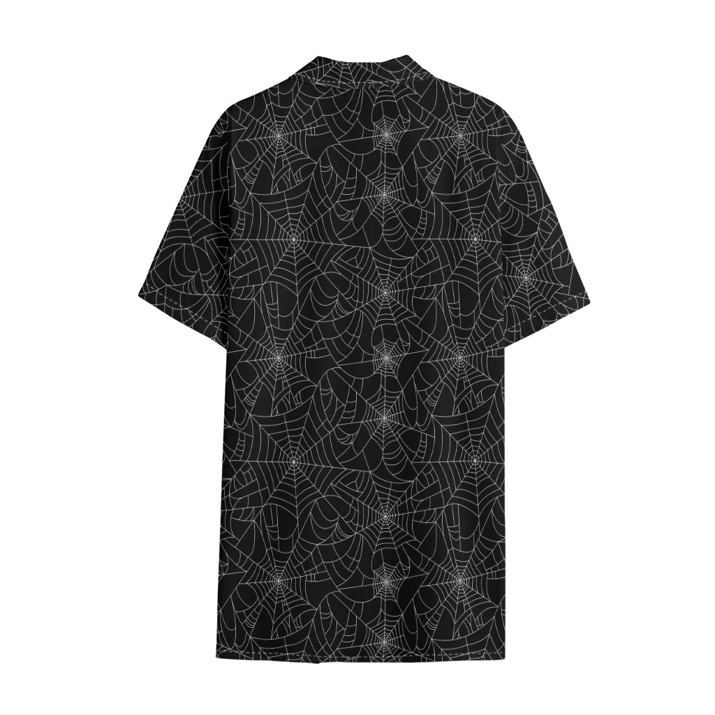 Black And White Spider Web Pattern Print Cotton Hawaiian Shirt