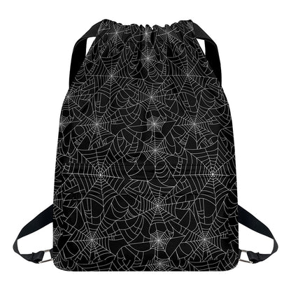 Black And White Spider Web Pattern Print Drawstring Backpack