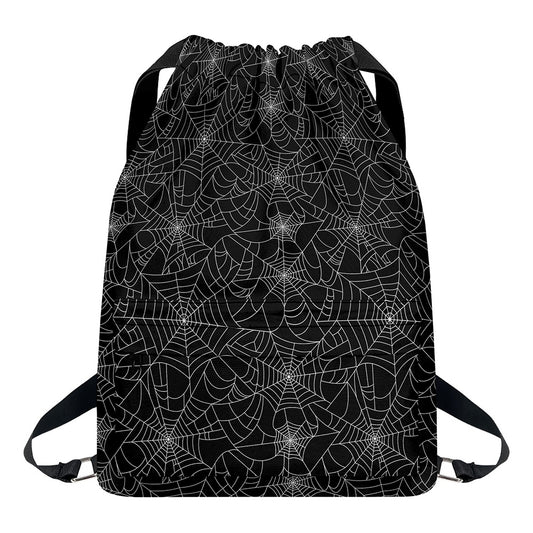 Black And White Spider Web Pattern Print Drawstring Backpack