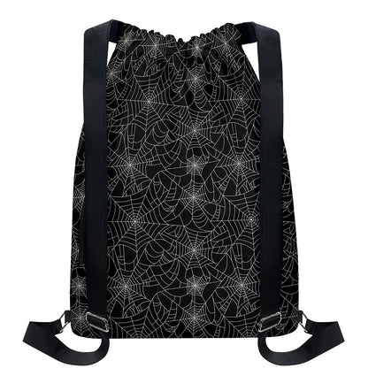 Black And White Spider Web Pattern Print Drawstring Backpack