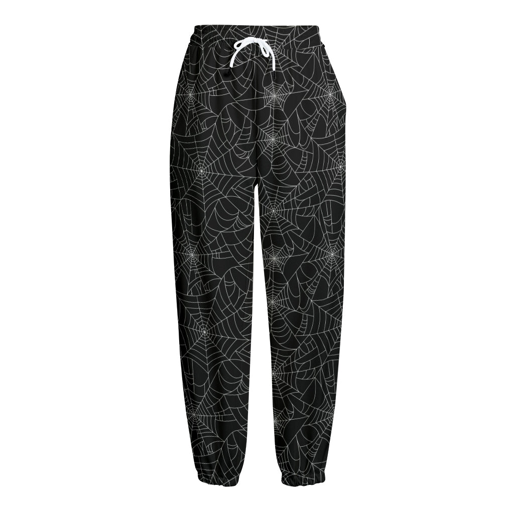 Black And White Spider Web Pattern Print Fleece Lined Knit Pants