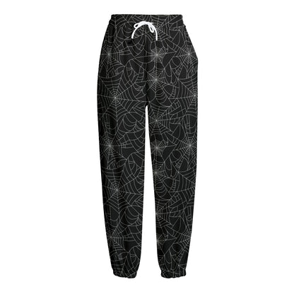Black And White Spider Web Pattern Print Fleece Lined Knit Pants