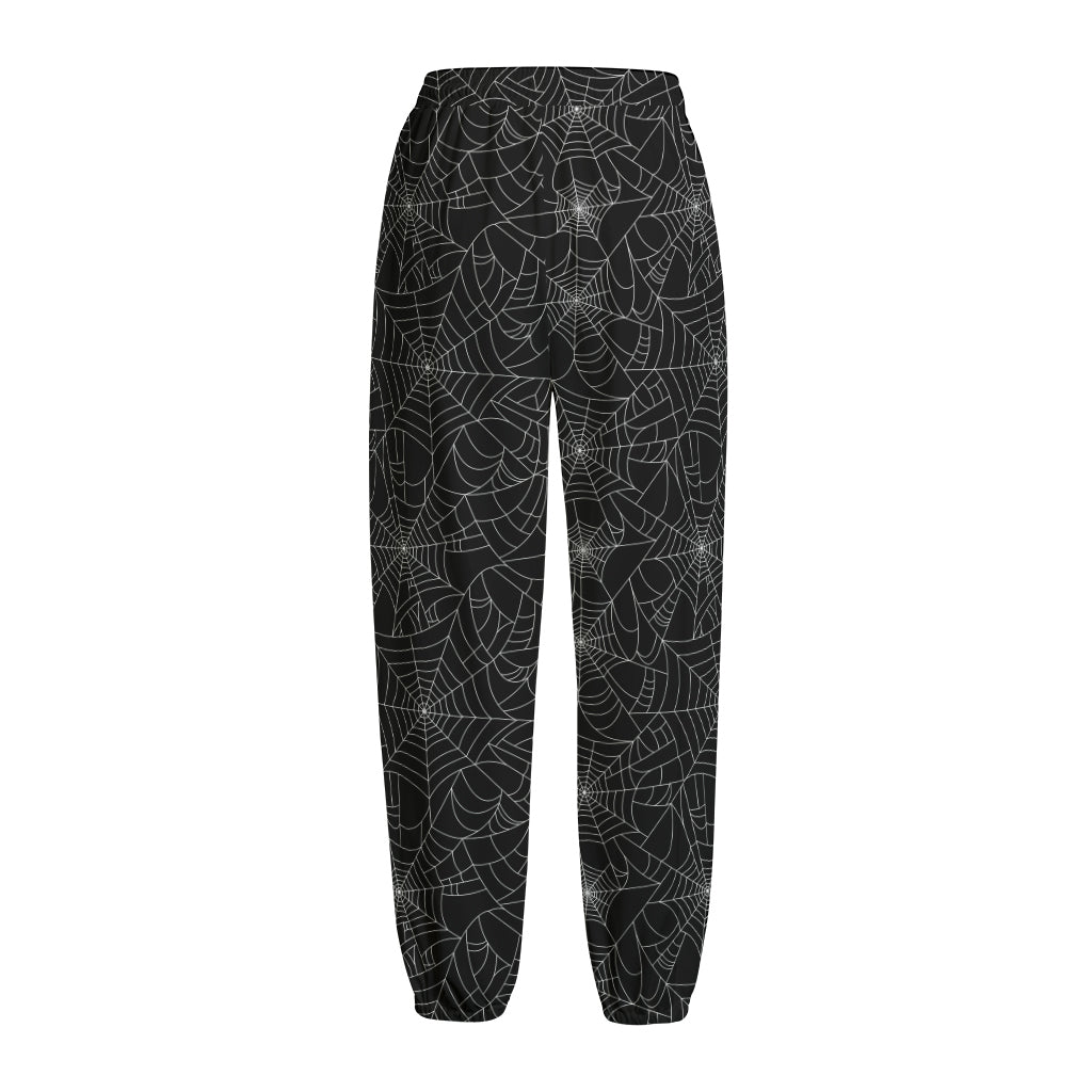 Black And White Spider Web Pattern Print Fleece Lined Knit Pants
