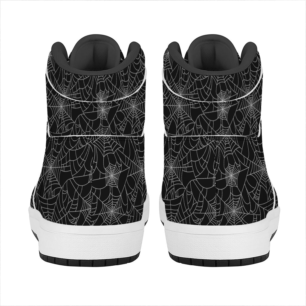 Black And White Spider Web Pattern Print High Top Leather Sneakers