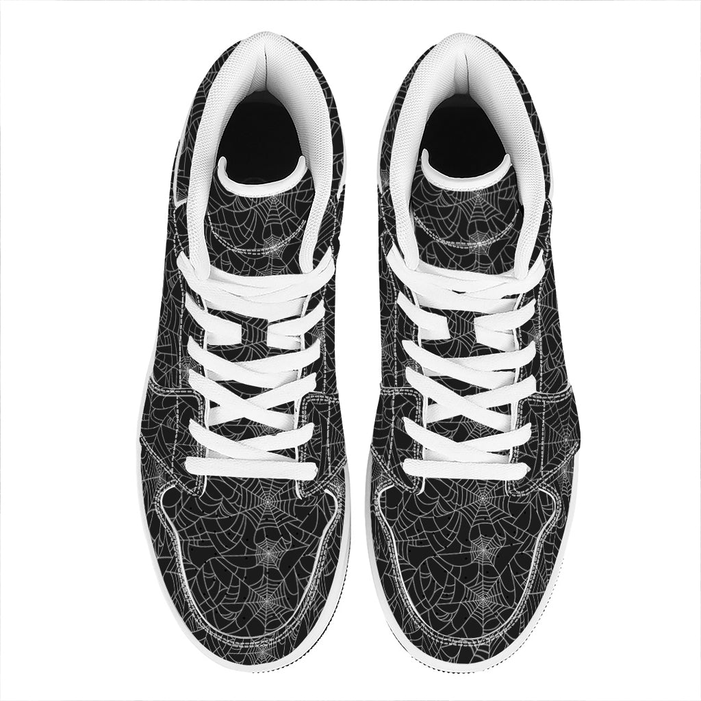 Black And White Spider Web Pattern Print High Top Leather Sneakers