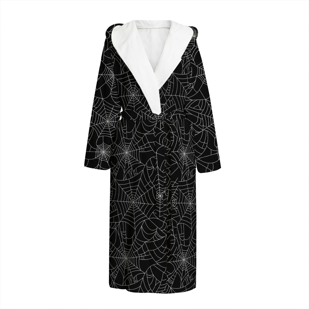 Black And White Spider Web Pattern Print Hooded Bathrobe