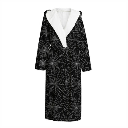 Black And White Spider Web Pattern Print Hooded Bathrobe