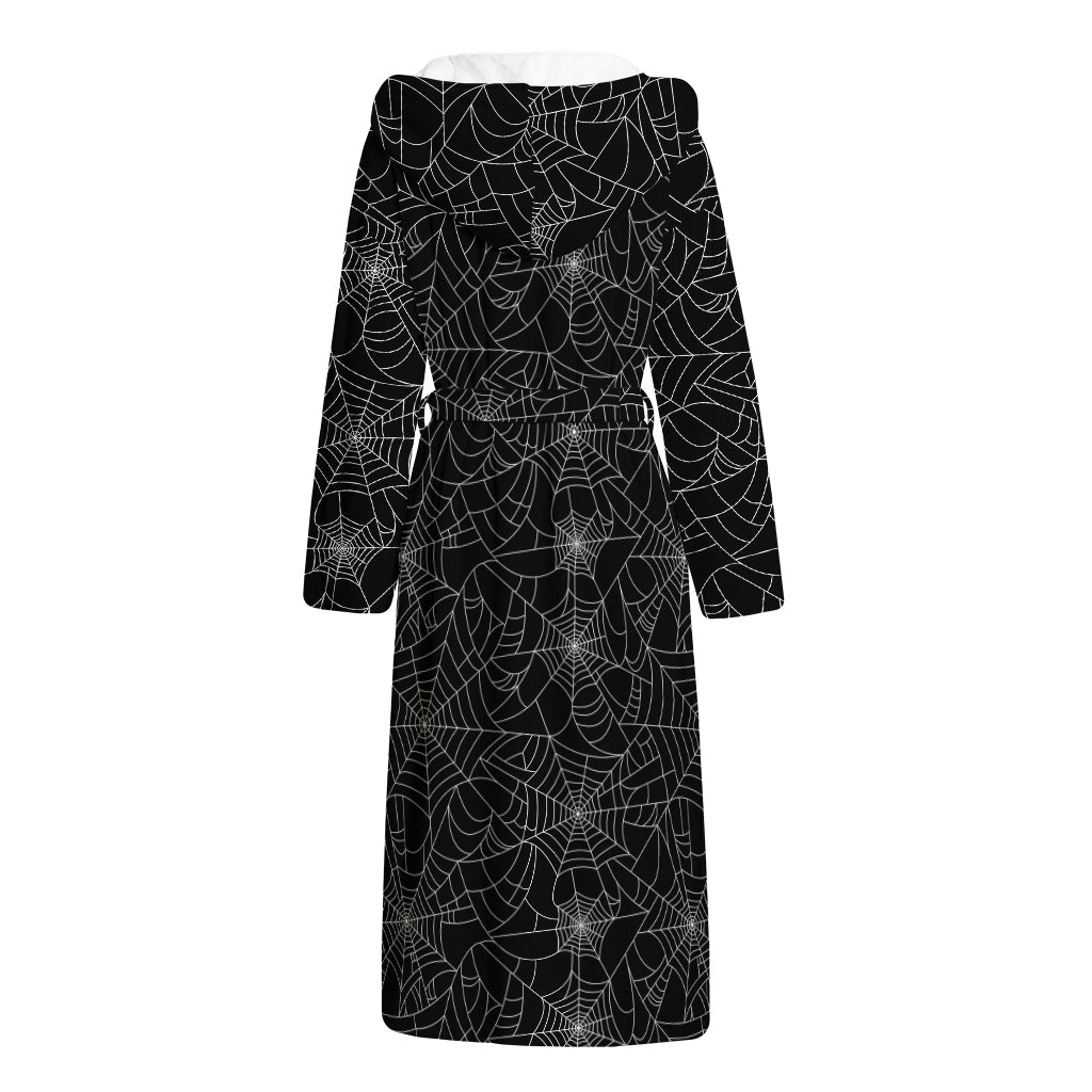 Black And White Spider Web Pattern Print Hooded Bathrobe