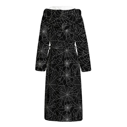 Black And White Spider Web Pattern Print Hooded Bathrobe
