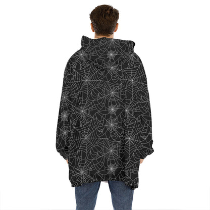 Black And White Spider Web Pattern Print Hoodie Blanket