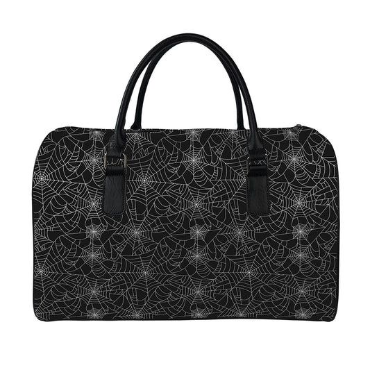 Black And White Spider Web Pattern Print Leather Duffle Bag