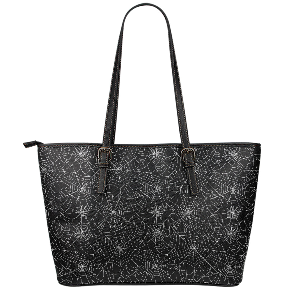 Black And White Spider Web Pattern Print Leather Tote Bag